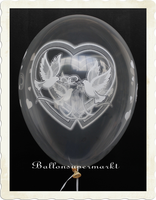 Luftballon zur Hochzeit, Transparent, mit Tauben, Hochzeitsringen und Herzen