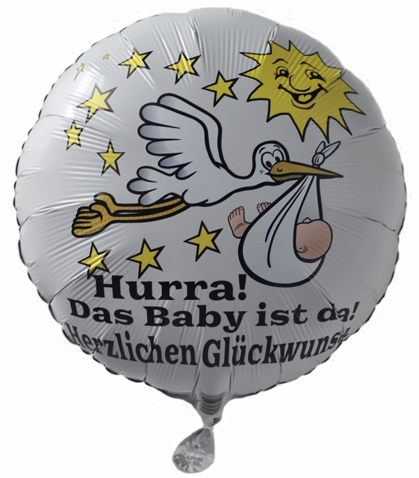Luftballon aus Folie, Rundballon 45 cm, hurra! das Baby ist da! Herzlichen Glückwunsch zur Geburt