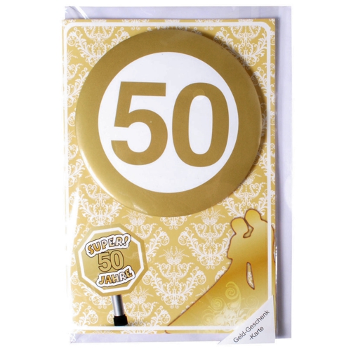 Karte-mit-Button-Super-50-Jahre-zur-Goldhochzeit-Geld-Geschenk-zur-Goldenen-Hochzeit