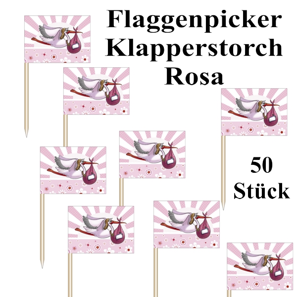 Klapperstorch-Partypicker-Flaggenpicker-Rosa-Baby-Girl-Maedchen