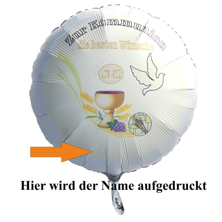 Kommunions-Luftballon-mit-Name. Hier wird der Name des Kommunionskindes erscheinen