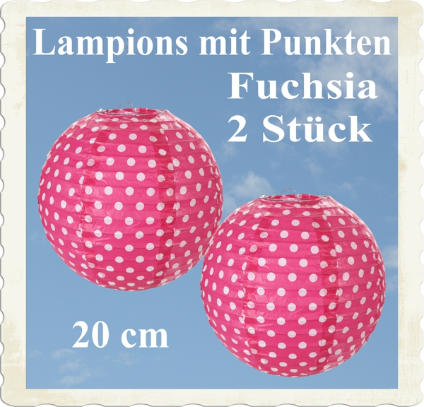 Fuchsia farbige Lampions mit weißen Punkten, 2 Stück, 20 cm