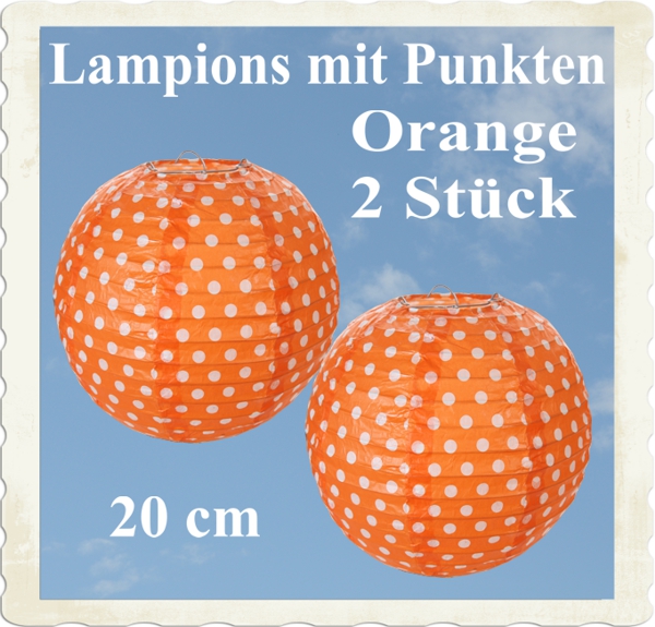Orange farbige Lampions mit weißen Punkten, 2 Stück, 20 cm