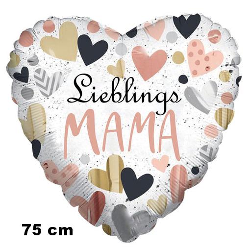 Lieblings-Mama, Herzluftballon, Folie, weiß mit Herzen, 75 cm