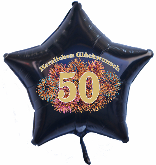 Zum 50. Geburtstag, Jubiläum, Jahrestag, Luftballon Zahl 50 mit Ballongas, schwarzer Sternballon mit Feuerwerk
