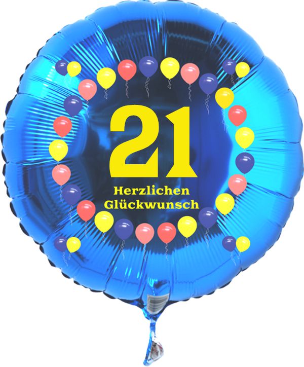 Luftballon zum 21. Geburtstag, Balloons, blauer Rundballon mit Ballongas Helium