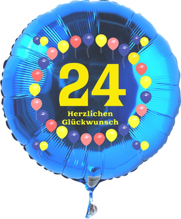 Luftballon zum 24. Geburtstag, Balloons, blauer Rundballon mit Ballongas Helium