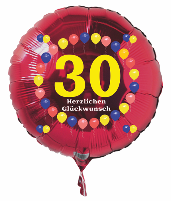 Luftballon zum 30. Geburtstag, Balloons, roter Rundballon mit Ballongas Helium