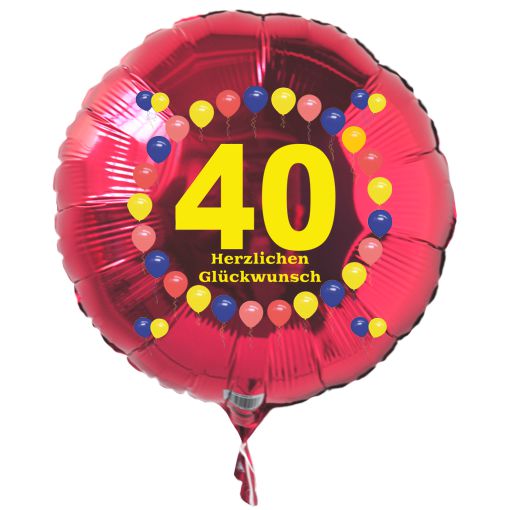 Luftballon zum 40. Geburtstag, Balloons, roter Rundballon mit Ballongas Helium