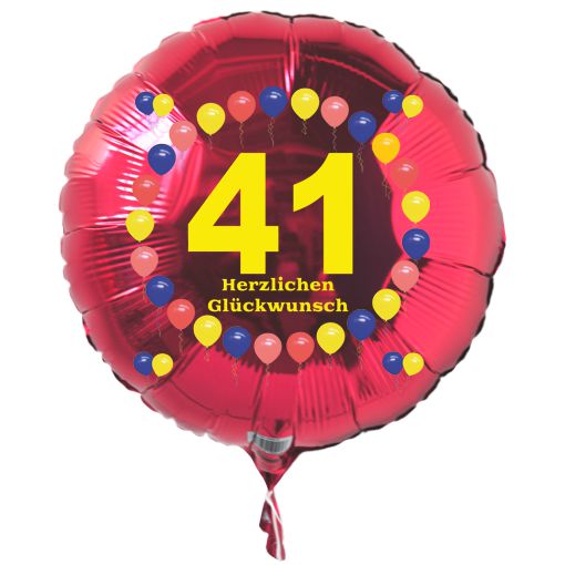 Luftballon zum 41. Geburtstag, Balloons, roter Rundballon mit Ballongas Helium