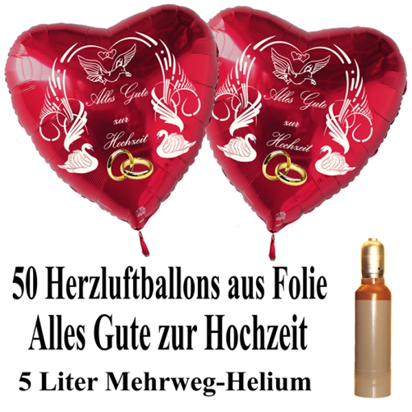Luftballons-Helium-Set-Midi-50-Herzballons-Alles-Gute-zur-Hochzeit-5-Liter Ballongasflasche