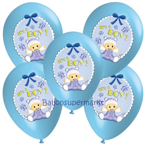 Luftballons-Its-a-Boy-5-Stueck-bunt-bedruckte-Latexballons-Dekoration-Geburt-Junge