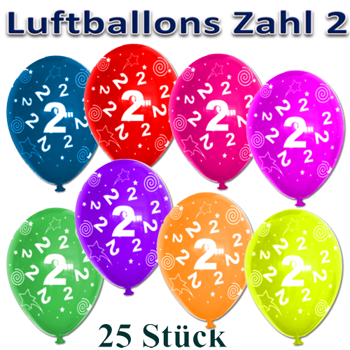 Luftballons mit der Zahl 2 zum 2. Geburtstag, bunt gemischt, 30cm, 25 Stück