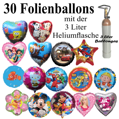 Luftballons aus Folie, Ballons und Helium Set, 30 Folienballons 45 cm mit 3 Liter Ballongasflasche