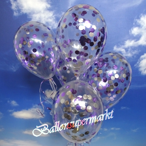 Luftballons-mit-Konfetti-Flieder-Silber-Dekoration-Party-Fest-Hochzeit-Silvester