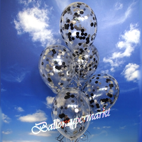 Luftballons-mit-Konfetti-Schwarz-Silber-Dekoration-Party-Fest-Hochzeit-Silvester