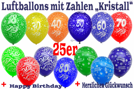 Luftballons mit Zahlen, Kristallfarben, Kombination mit Luftballons Happy Birthday und Luftballons Herzlichen Glückwunsch, 25 Stück