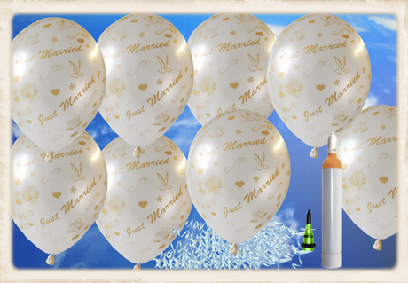 Luftballons zur Hochzeit steigen lassen, 100 Just Married Luftballons in Weiß, Ballons Helium Komplett-Set