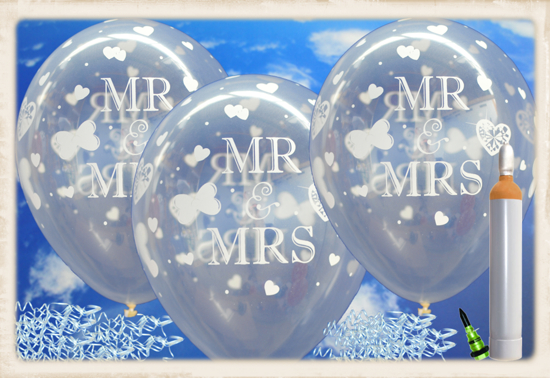 Luftballons-zur-Hochzeit-steigen-lassen-100-transparente-Mr.-and-Mrs.-Luftballons-Ballongas-Helium-Komplett-Set
