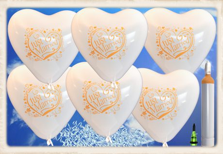 Luftballons zur Hochzeit steigen lassen, 100 weiße Herzluftballons Just Married, 7 Liter Helium Ballongas, komplettes Set
