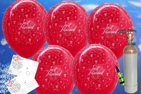 Luftballons-zur-50-rubinrote-Luftballons-Just-Married-mit-Ballongasflasche-Helium-Set