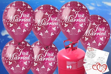 Luftballons-zur-Hochzeit-steigen-lassen-Just-Married-Rund-Luftballons-Burgund-Helium-Einweg-Set-mit-Ballonflugkarten