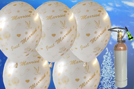Luftballons zur Hochzeit steigen lassen, Ballons Helium Set 50er Midi, Latex-Luftballons Just Married, weiß, Komplettpaket