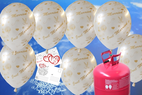 Luftballons-zur-Hochzeit-steigen-lassen-weisse-Just-Married-Rund-Luftballons-Helium-Einweg-Set-mit-Ballonflugkarten