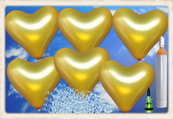 Luftballons-zur-goldenen-Hochzeit-steigen-lassen-100-goldene-Herzluftballons-aus-Latex-Helium-Komplett-Set