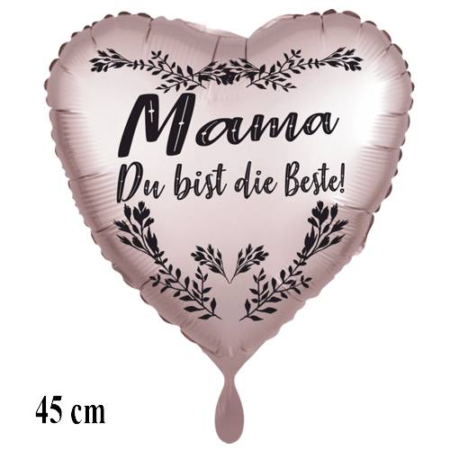 Mama du bist die Beste! Herzluftballon, Folie, satinsilber, 45 cm