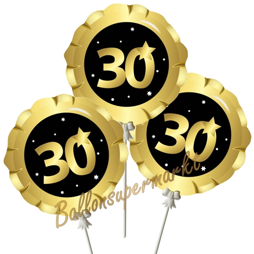 Mini-Loons-Folienballons-Zahl-30-Schwarz-Gold-zum-30.-Geburtstag-Luftballons-Geschenk-3-Stueck