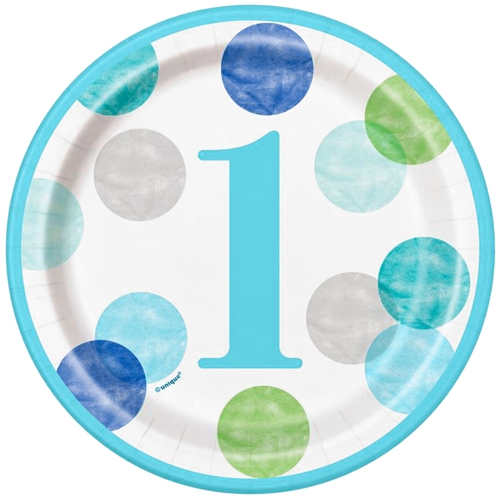 Mini-Partyteller-1st-Birthday-Blue-Dots-Partydekoration-Tischdeko-zum-Kindergeburtstag-1.-Geburtstag