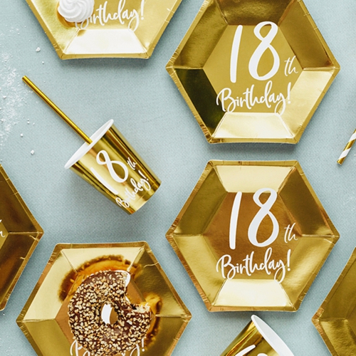 Mini-Partyteller-Gold-metallic-Zahl-18-Partydekoration-zum-18.-Geburtstag-Tischdeko-Pappteller-Dekobeispiel