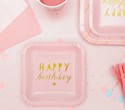 Mini-Partyteller-Happy-Birthday-Rosa-Partydekoration-Geburtstag-Tischdekoration-Pappteller-Dekobeispiel