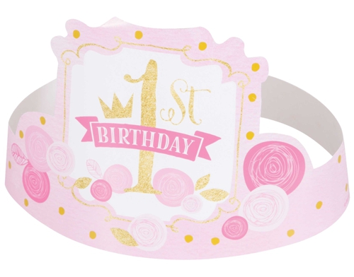Party-Huetchen-1st-Birthday-Pink-and-Gold-Partykronen-Dekoration-zum-1-Geburtstag-Maedchen