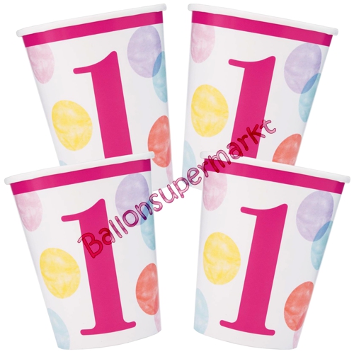 Partybecher-1st-Birthday-Pink-Dots-Partydekoration-Tischdeko-zum-Kindergeburtstag-1.-Geburtstag-Maedchen