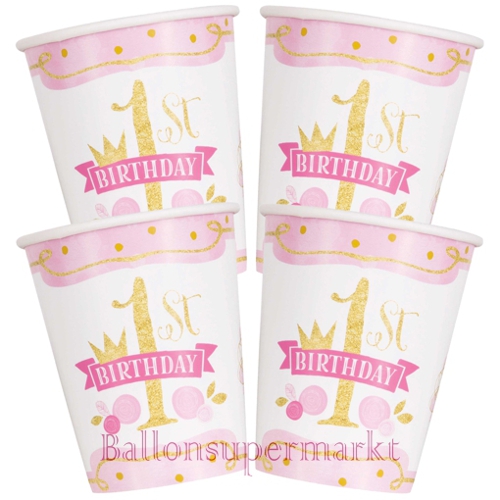 Partybecher-1st-Birthday-Pink-and-Gold-Partydeko-Tischdekoration-1-Geburtstag-Maedchen