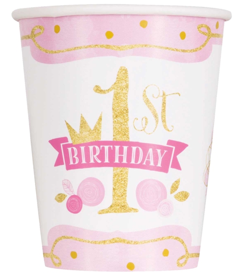 Partybecher-1st-Birthday-Pink-and-Gold-Partydeko-Tischdekoration-zum-1-Geburtstag-Maedchen