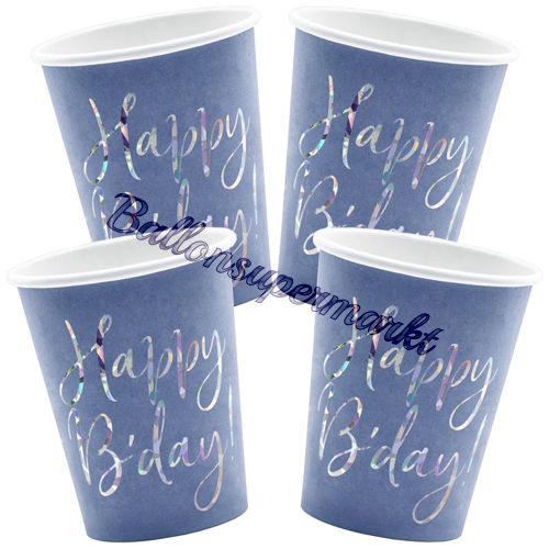 Partybecher-Happy-Birthday-Blau-Silber-holografisch-Partydekoration-zum-Geburtstag-Tischdeko-Pappbecher