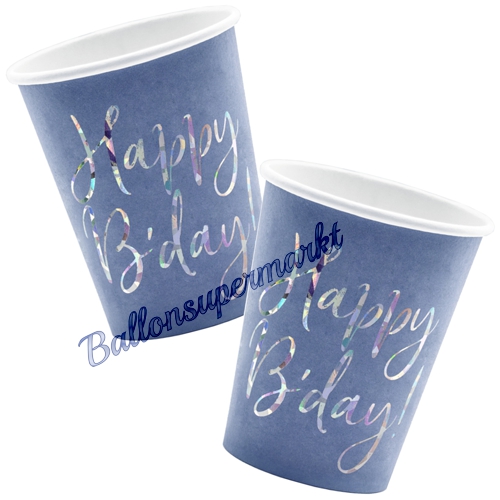 Partybecher-Happy-Birthday-Blau-Silber-holografisch-Partydekoration-zum-Geburtstag-Tischdeko