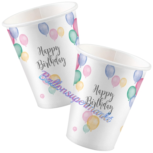 Partybecher-Happy-Birthday-Pastell-Partydekoration-Tischdeko-zu-Kindergeburtstag-Geburtstag-Pastellfarben-Pappbecher