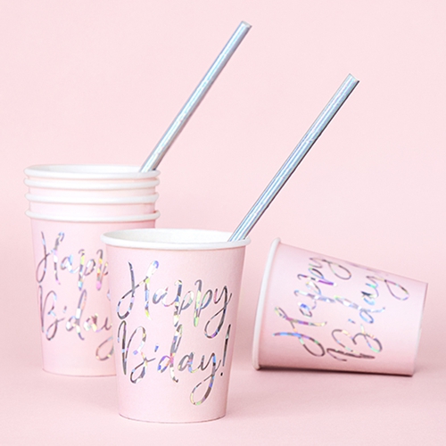 Partybecher-Happy-Birthday-Rosa-Silber-holografisch-Partydekoration-zum-Geburtstag-Tischdeko-Pappbecher-Dekobeispiel