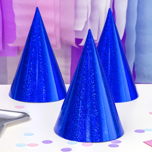 Partyhuetchen-Blau-holografisch-Partydekoration-Geburtstagsdeko-Hut-Dekobeispiel