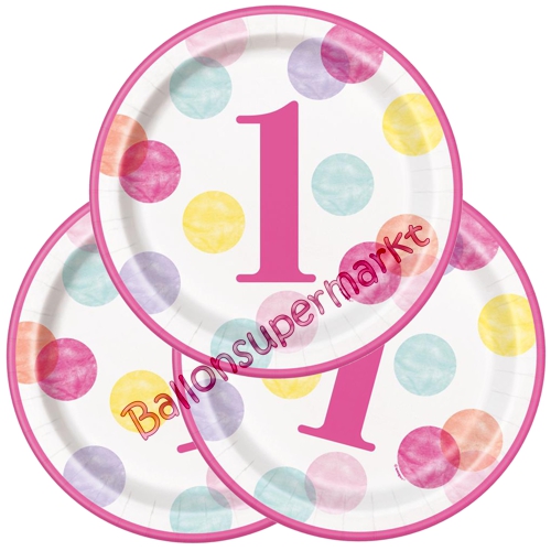 Partyteller-1st-Birthday-Pink-Dots-Partydekoration-Tischdeko-zum-Kindergeburtstag-1.-Geburtstag-Maedchen