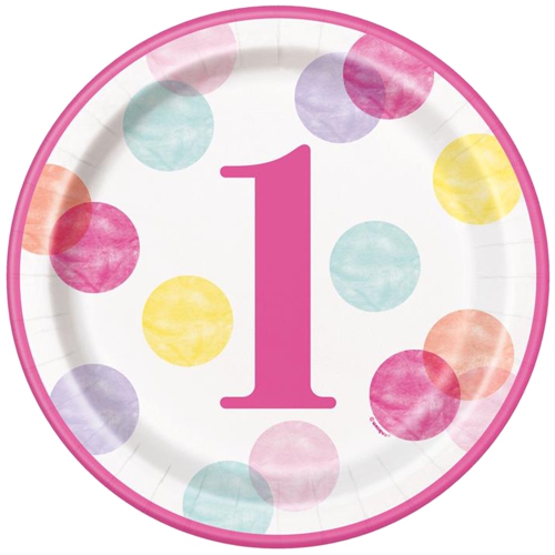 Partyteller-1st-Birthday-Pink-Dots-Partydekoration-Tischdeko-zum-Kindergeburtstag-1.-Geburtstag
