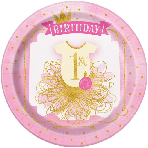 Partyteller-1st-Birthday-Pink-and-Gold-Partydeko-Tischdekoration-zum-1-Geburtstag-Maedchen