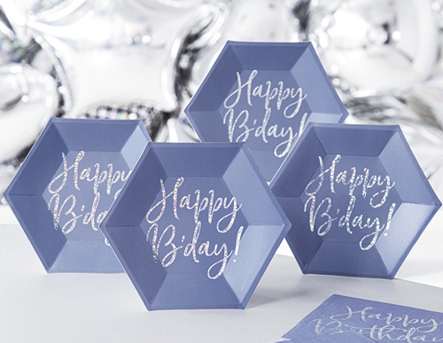Partyteller-Happy-Birthday-Blau-Silber-holografisch-Partydekoration-zum-Geburtstag-Tischdeko-Pappteller-Dekobeispiel