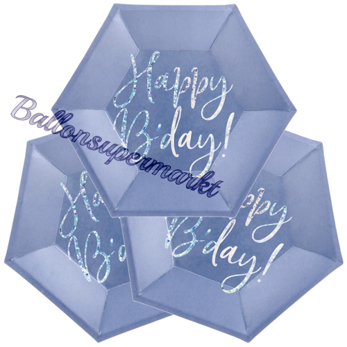 Partyteller-Happy-Birthday-Blau-Silber-holografisch-Partydekoration-zum-Geburtstag-Tischdeko-Pappteller