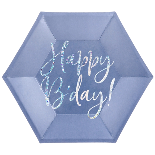Partyteller-Happy-Birthday-Blau-Silber-holografisch-Partydekoration-zum-Geburtstag-Tischdeko