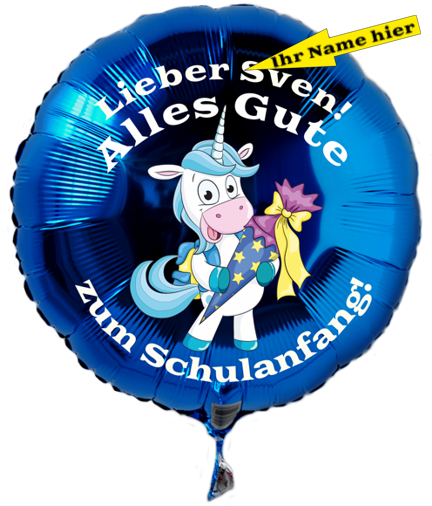 Personalisierter-Luftballon-mit-Einhorn-zum-Schulanfang-Rundballon-Blau